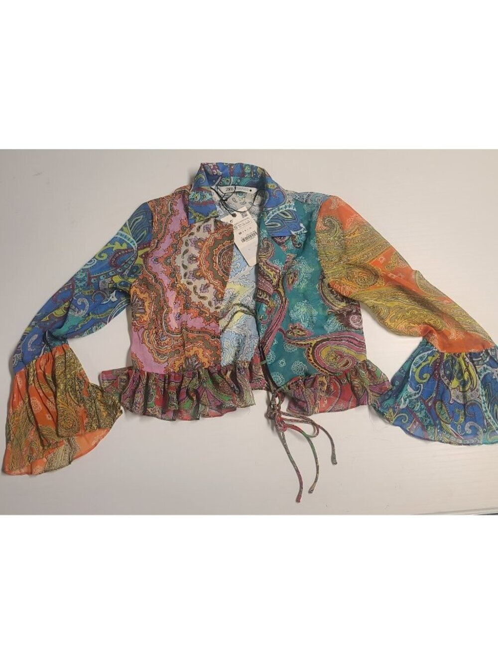 ZARA TIED RUFFLED PATCHWORK BOHO BLOUSE SIZE XS 3166/238
